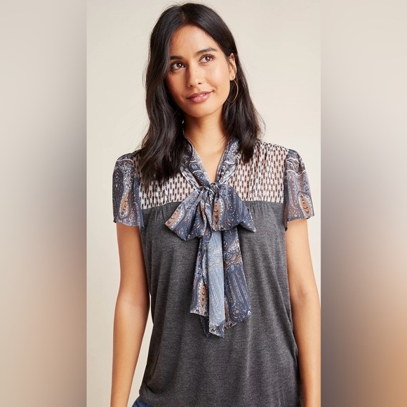 Tiny Tops - Anthropologie Tiny Joy Tie-Neck Mixed Print Top - Gray/Blue, Short Sleeve, XS